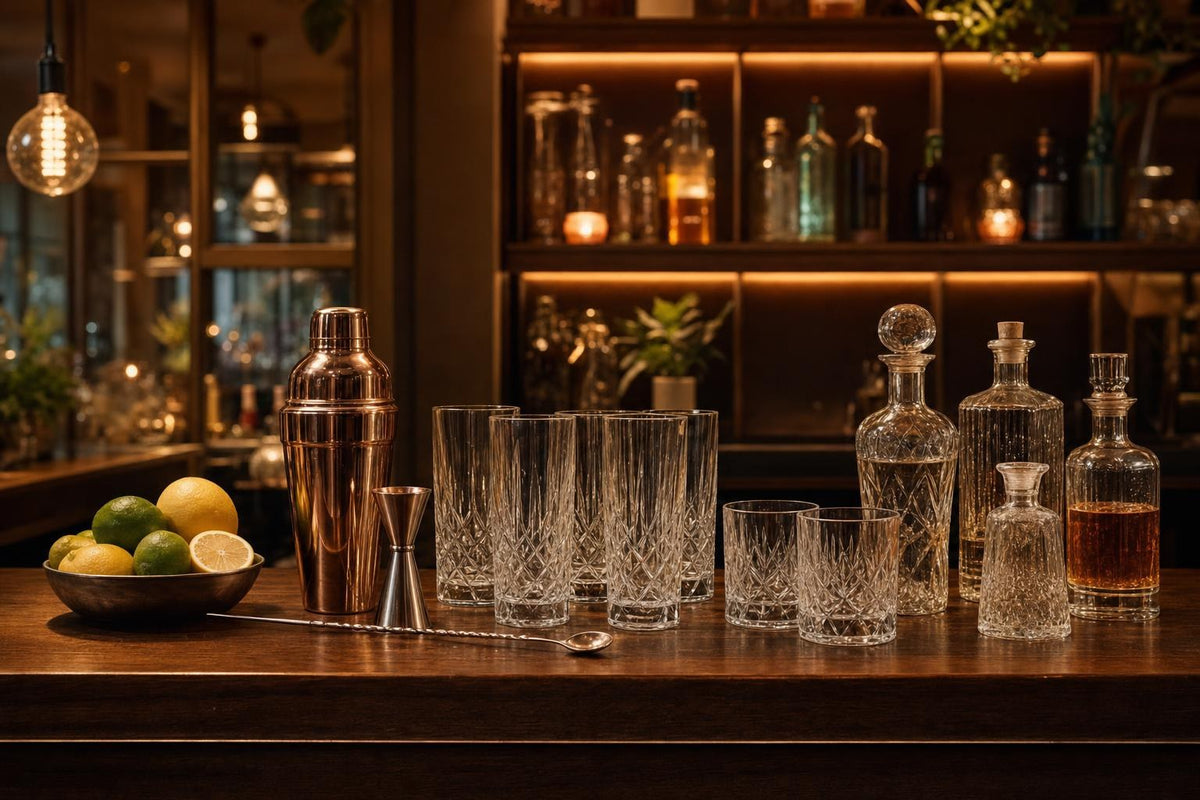 Gedeckte Hausbar mit Longdrinkgläsern, Tumblern und Barwerkzeug auf einer Holztheke