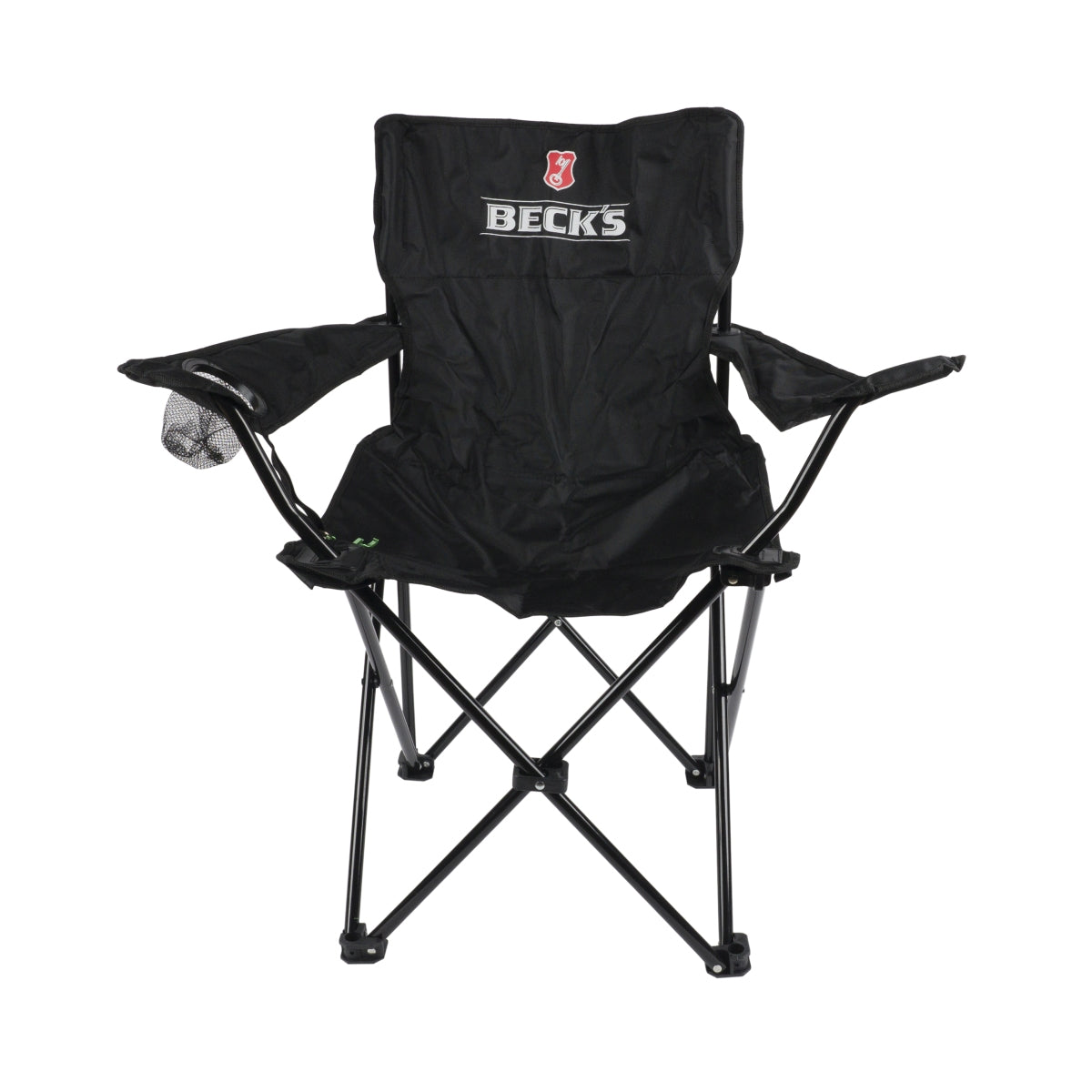1 chaise de camping Becks en acier et polyester avec porte-boisson, sac de transport et sangle inclus, couleur noire, neuve