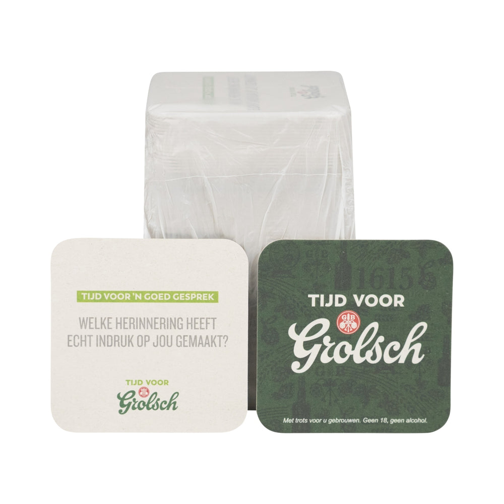 100 sous-verres Grolsch carrés 9 x 9 cm avec protection anti-gouttes