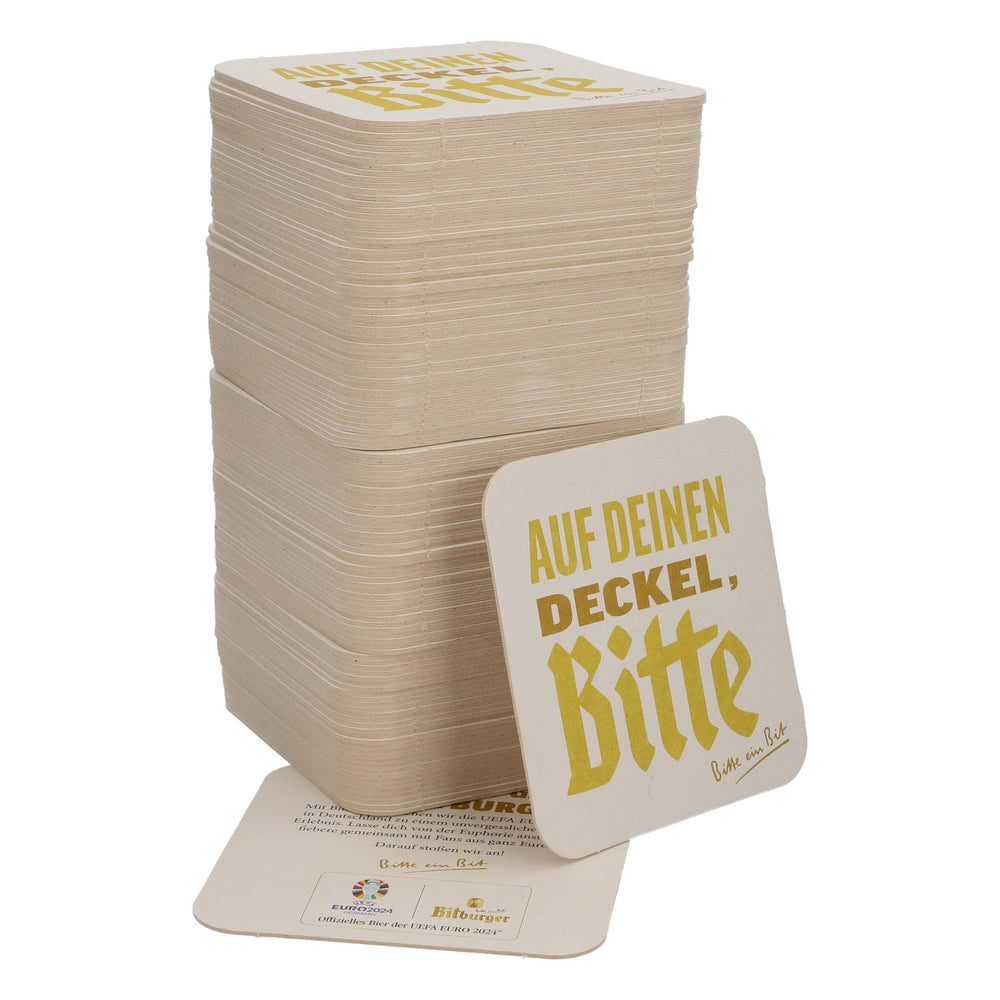 125 sous-verres en carton pour bière Bitburger 9 x 9 cm « Auf deinen Deckel Bitte » (Sur ton sous-verre, s'il te plaît) au dos « Euro 2024 »