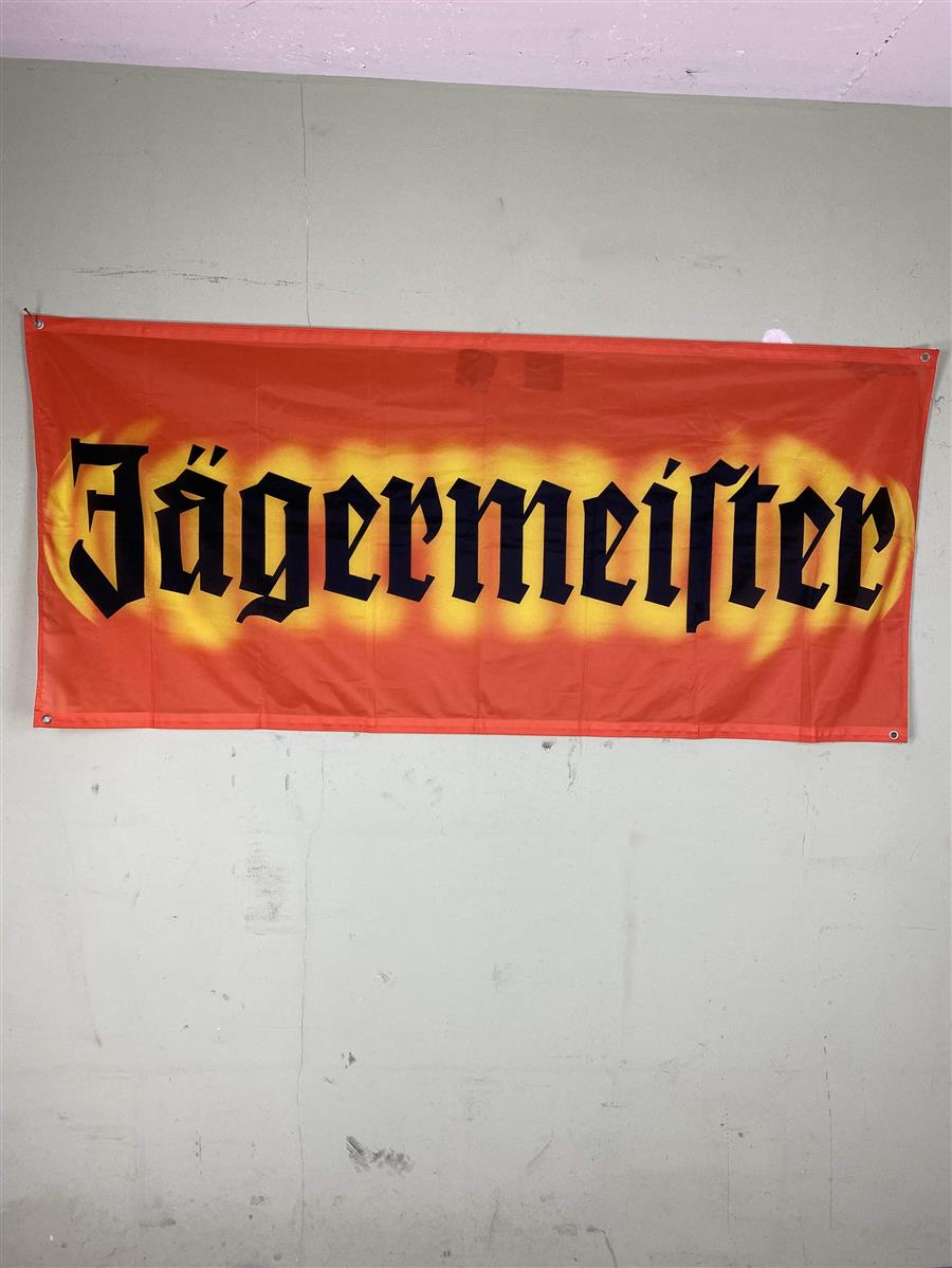 1x Jägermeister Liqueur Drapeau avec inscription sur fond jaune orange 180 x 80