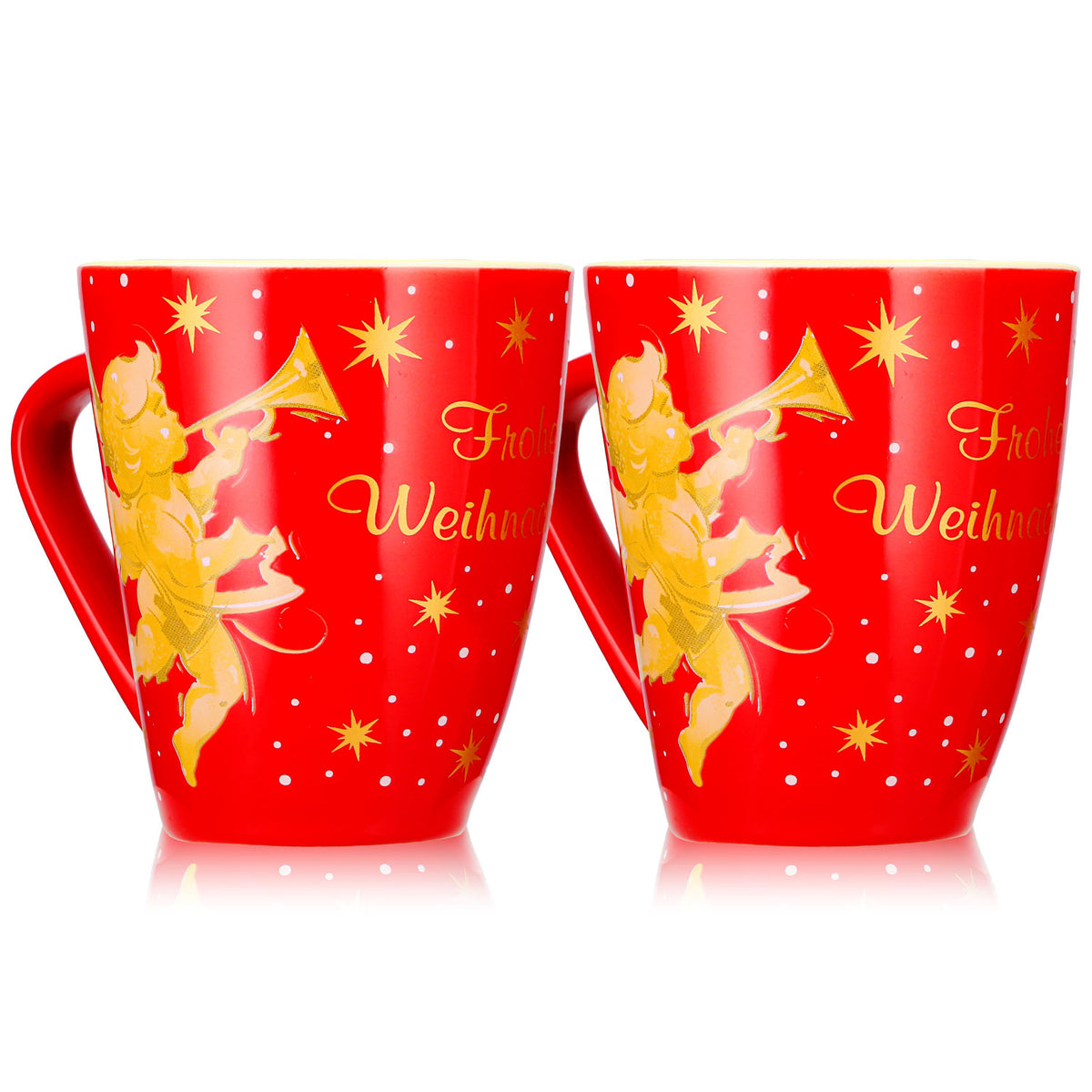 2 tasses à vin chaud Mohaba, modèle 2000 « Joyeux Noël avec un ange », rouge vif / crème, 0,2 l, graduées