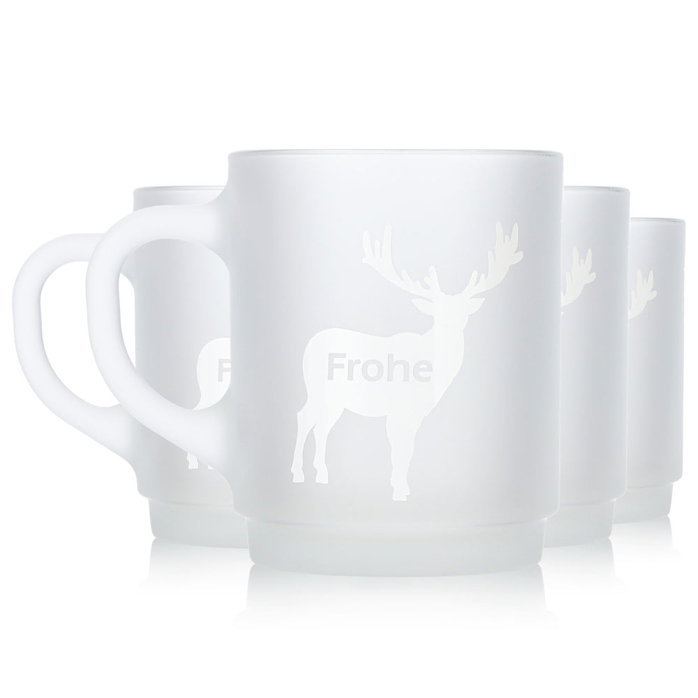 4 tasses à vin chaud Mohaba en verre satiné, motif cerfs, « Joyeux Noël », 0,2 l, graduées