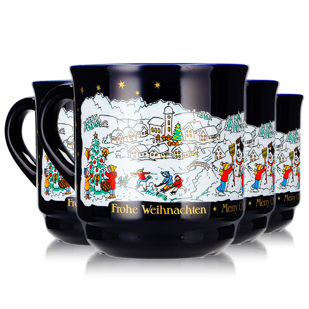 4 tasses à vin chaud Mohaba, modèle 8000 « Joyeux Noël », motif hivernal, bleu cobalt, 0,2 l, graduées