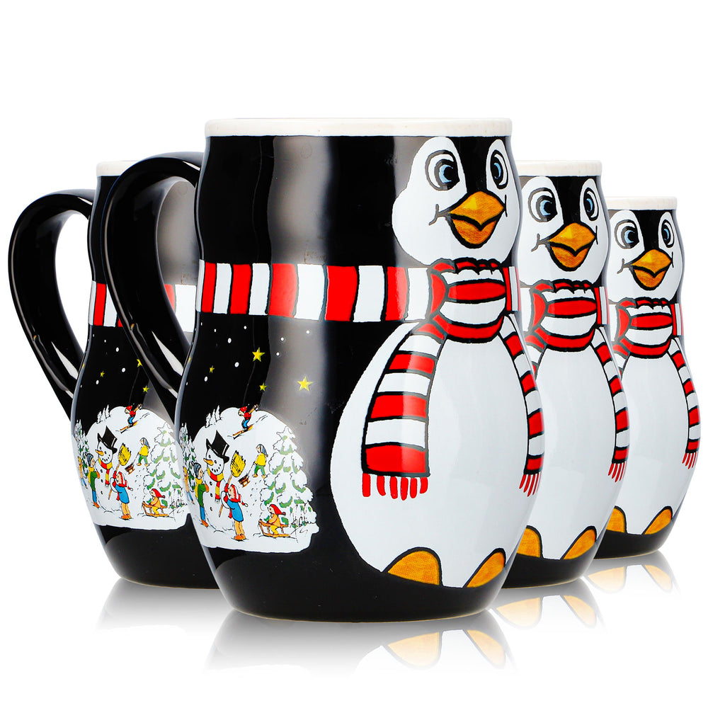 4 tasses à vin chaud Mohaba « Pingouin » avec motif en relief « Merry X-mas », noir/blanc, 0,2 l, graduées
