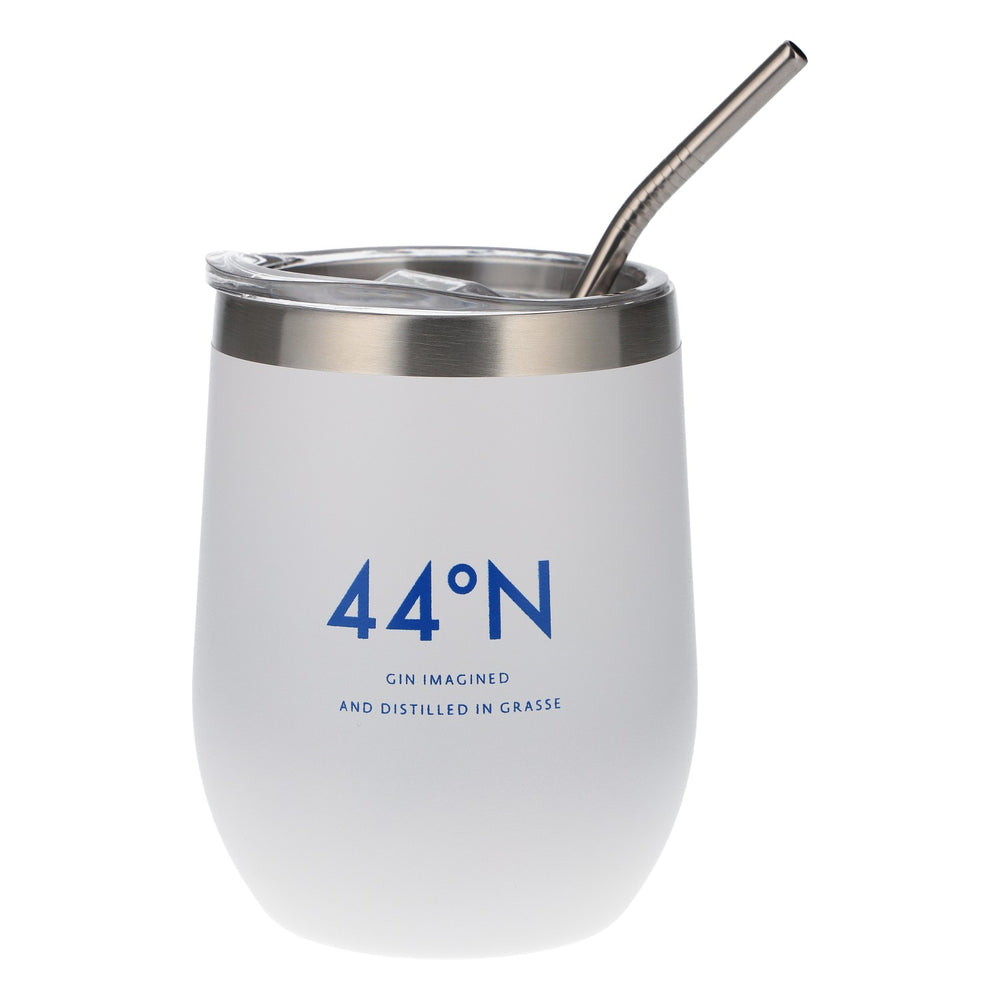 Gobelet « 44°N Gin To-Go » en acier inoxydable, 0,4 l, avec paille, blanc – Nouveau et tendance
