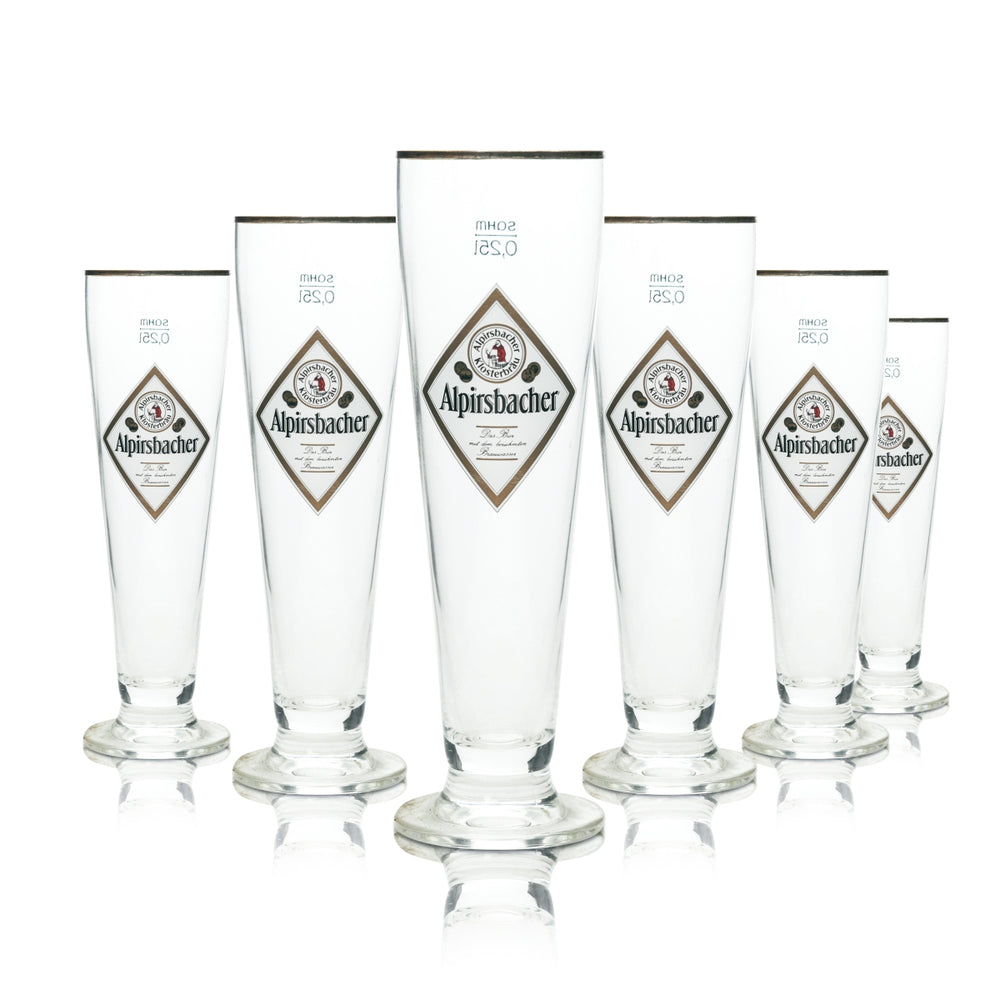 6 verres à bière Alpirsbacher 0,25 l, bord doré, forme tulipe, pied, monastère