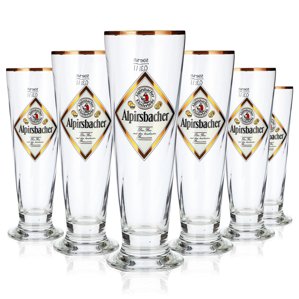 6 verres à bière Alpirsbacher de 0,3 l, forme coupe, bord doré et motif en relief « Sahm Florenz » (lot de 6)