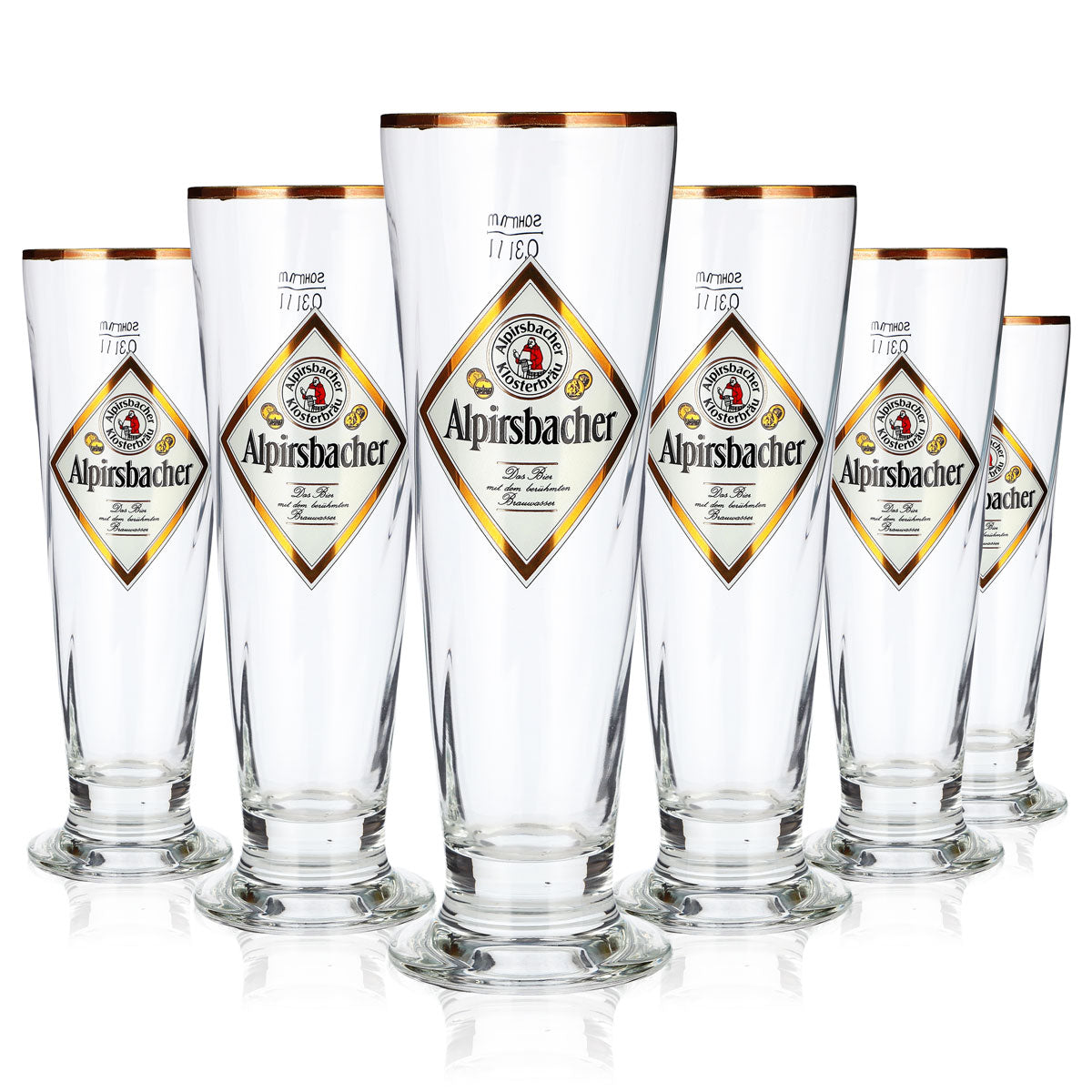 6 verres à bière Alpirsbacher de 0,3 l, forme coupe, bord doré et motif en relief « Sahm Florenz » (lot de 6)