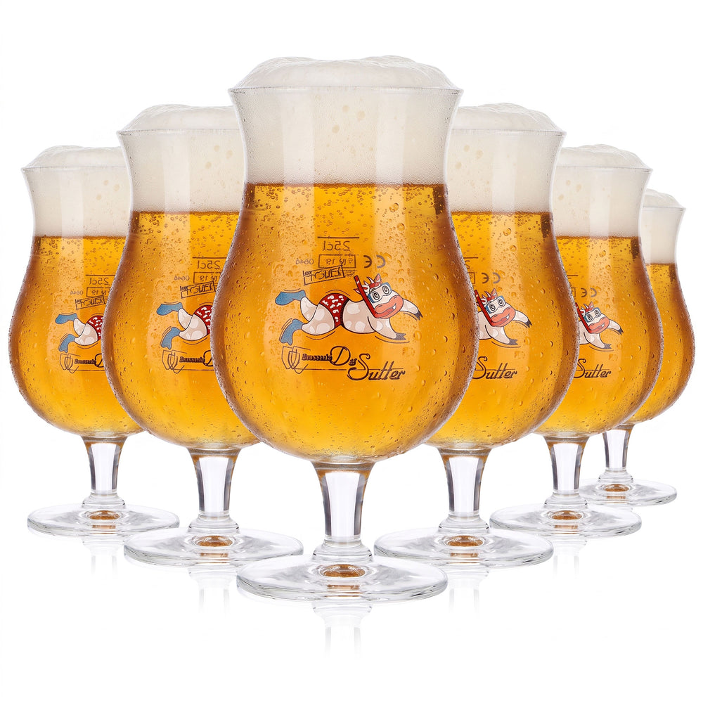 Lot de 6 verres à bière « Brasserie De Sutter » de 0,25 l, verres à bière artisanale avec motif de vache flottante (lot de 6)