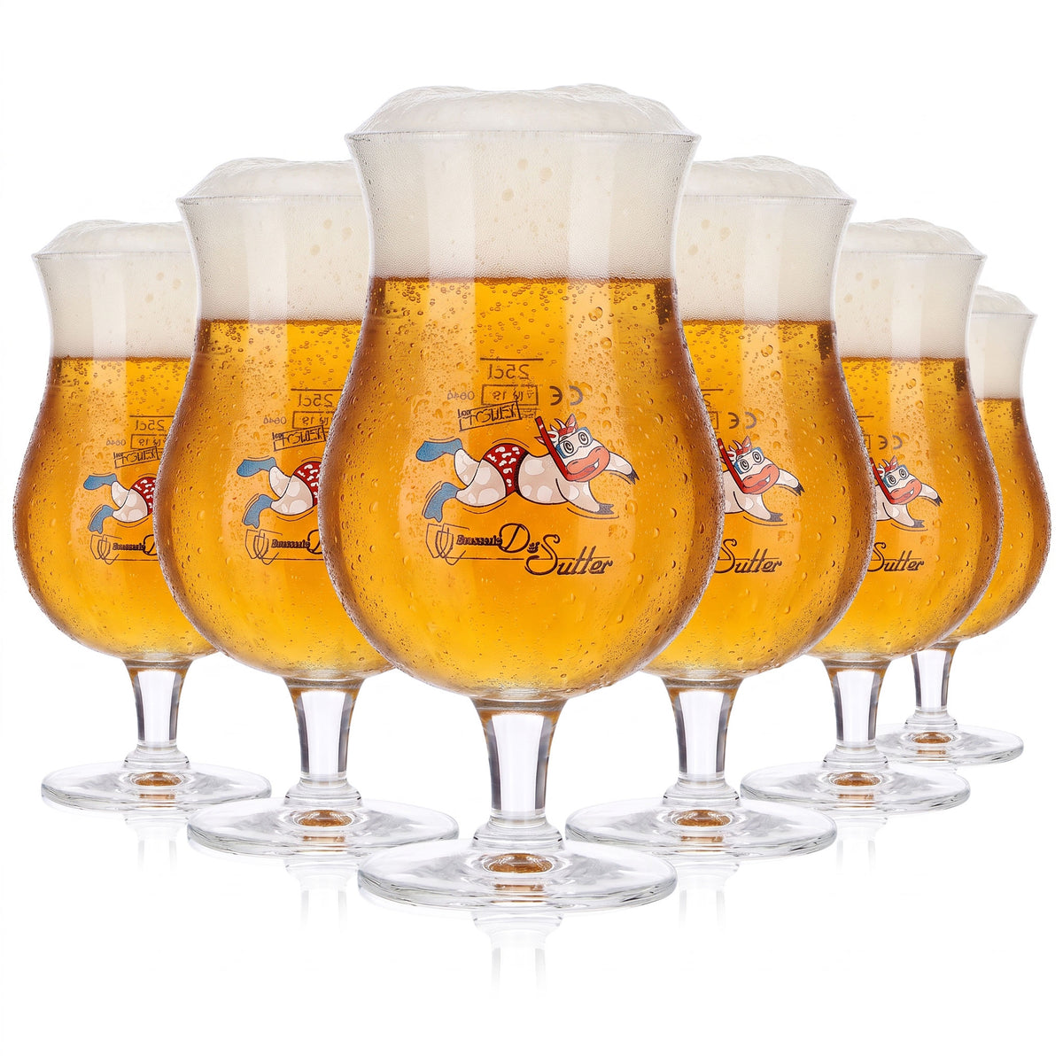 Lot de 6 verres à bière « Brasserie De Sutter » de 0,25 l, verres à bière artisanale avec motif de vache flottante (lot de 6)