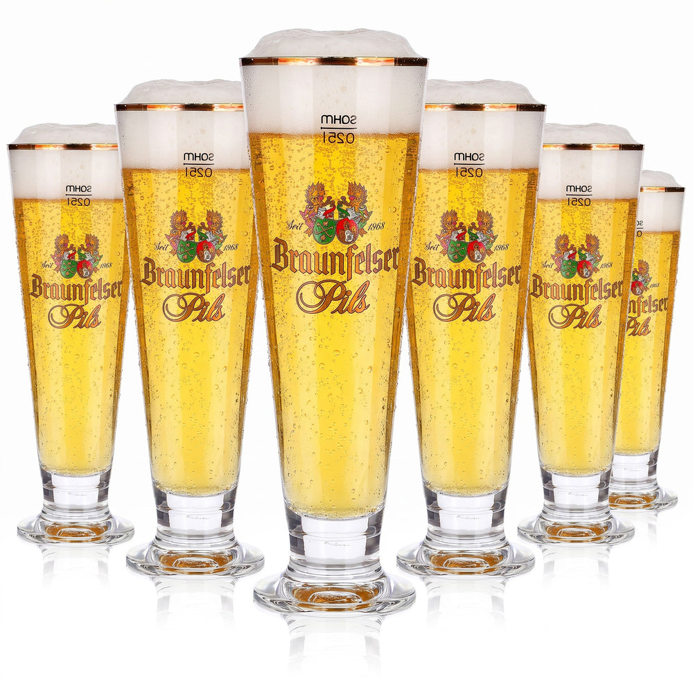 6 verres à bière Braunfelser de 0,25 l, forme coupe, bord doré, Pils Sahm (lot de 6)