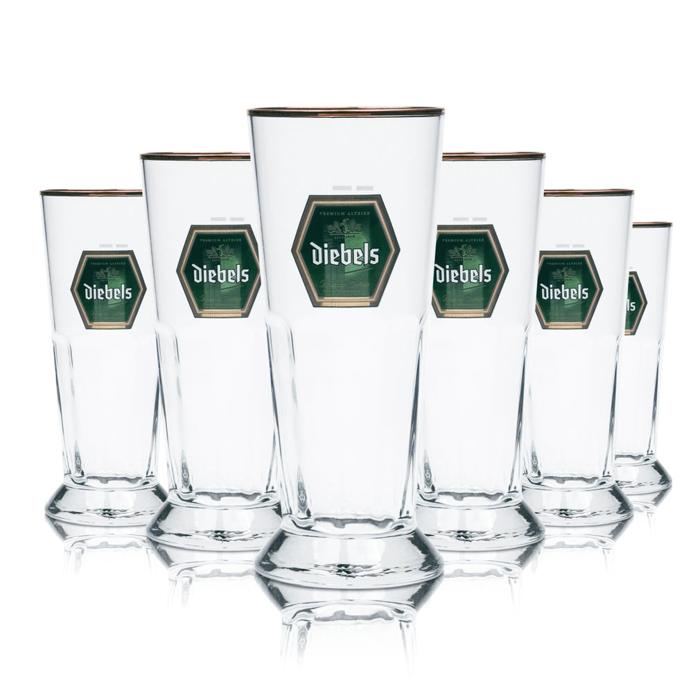 6x verre à bière Diebels 0,25 l, coupe avec relief et bord en cuivre, verres tulipe, brasserie, coupe, bar