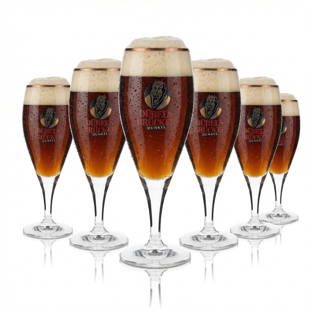 6 verres à bière Dübelsbrücker Dunkel Bier, verres à bière, verres à pied 0,3 l, bord opalin doré