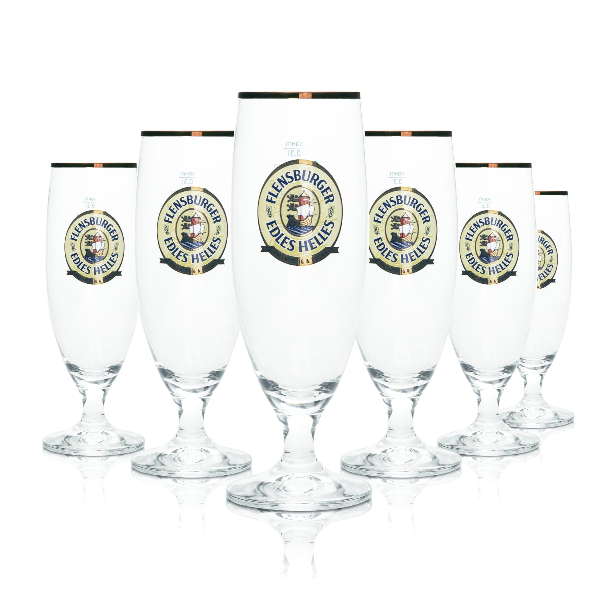 6 verres à bière Flensburg 0,3 l, coupe élégante, bord doré, tulipe, verres à bière