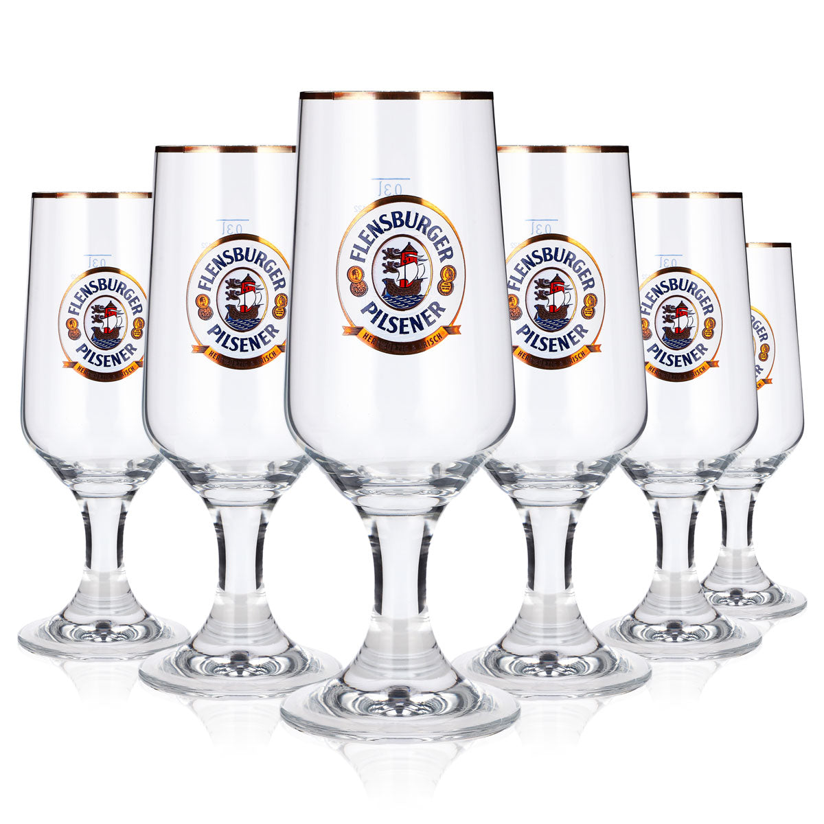 Lot de 6 verres à bière de Flensburg, 0,3 l, forme tulipe, logo doré, coupe Ritzenhoff