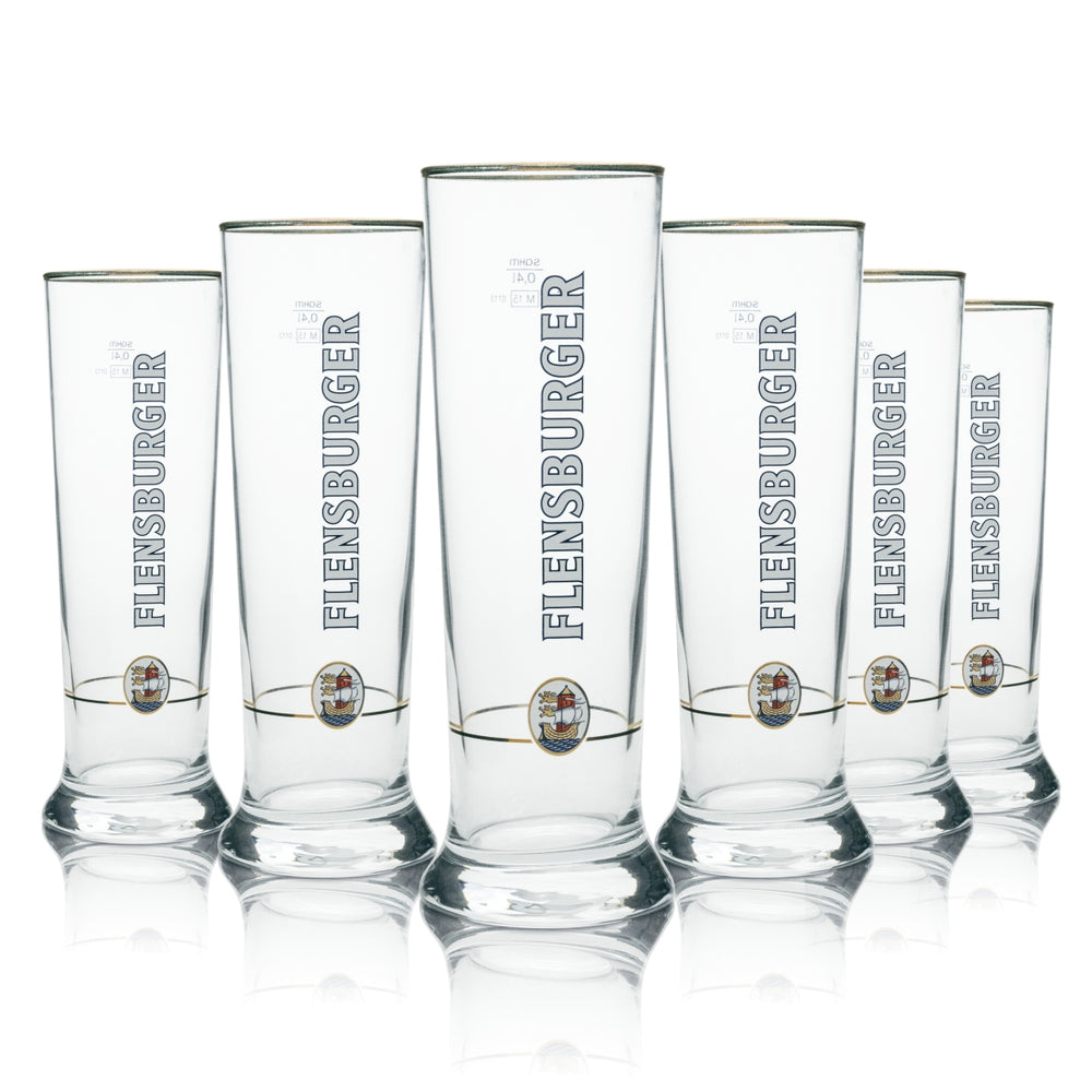 6 verres à bière Flensburg 0,4 l, exclusifs, Vancouver Sahm, bord doré