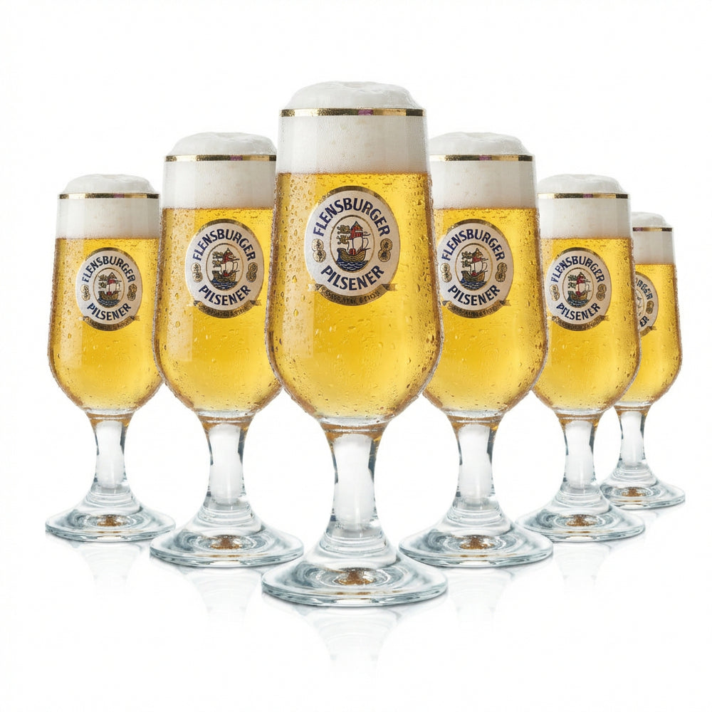 6 verres Flensburger 0,3 l, forme tulipe, bord doré, calibrés, pour la restauration, Fries Pils