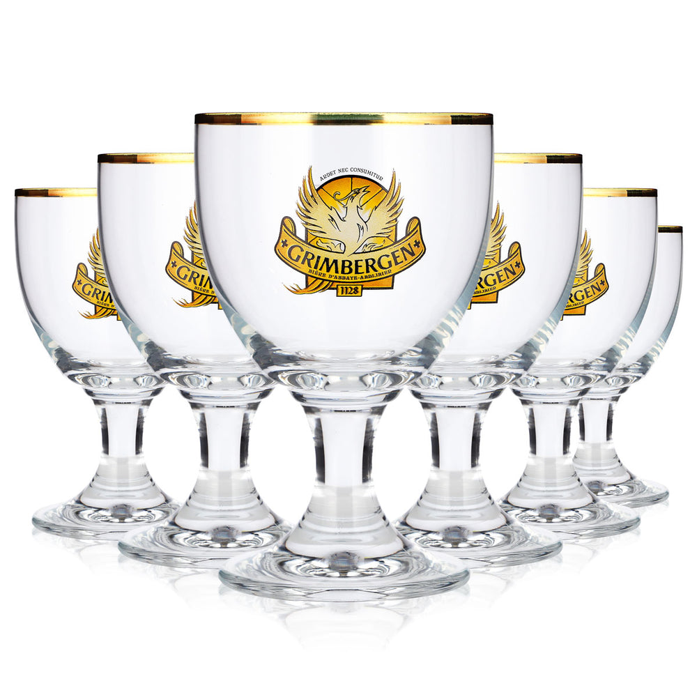 6 verres à bière Grimbergen de 25 cl, forme calice, logo jaune, modèle « Tulipe » de Ritzenhoff