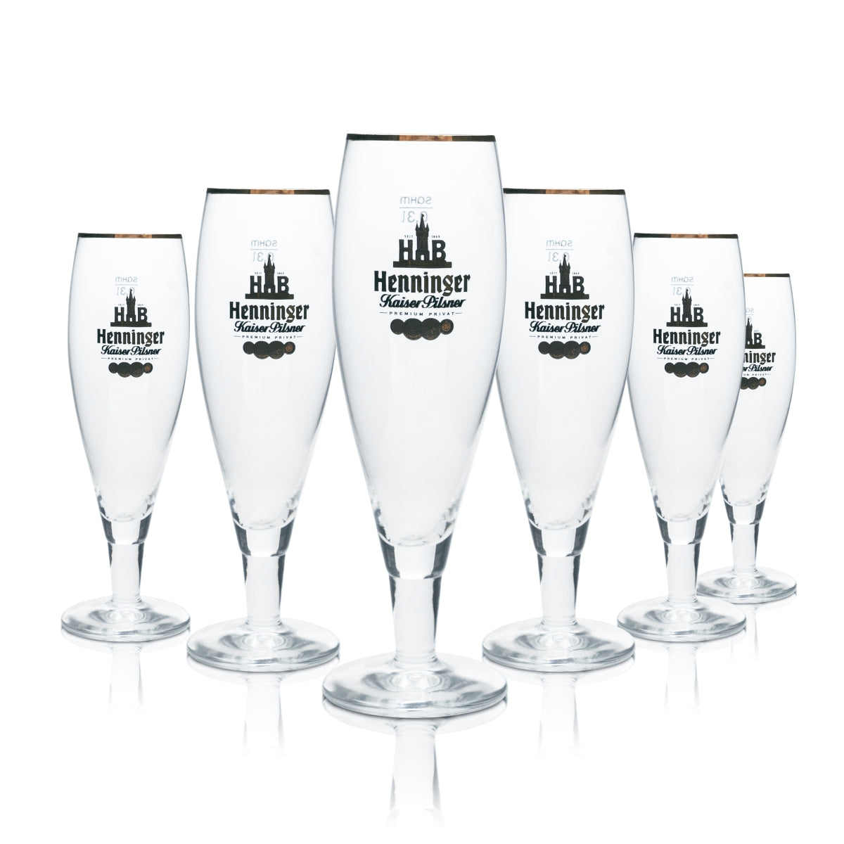6 verres à bière Henninger 0,3 l, forme tulipe, bord doré, verres gastronomiques, brasserie, bar