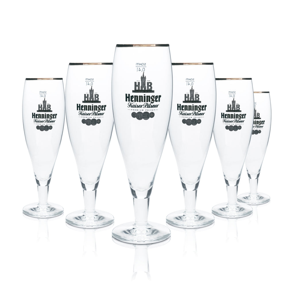 6 verres à bière Henninger 0,4 l, forme tulipe, bord bronze, verres gastronomiques, brasserie Bräu