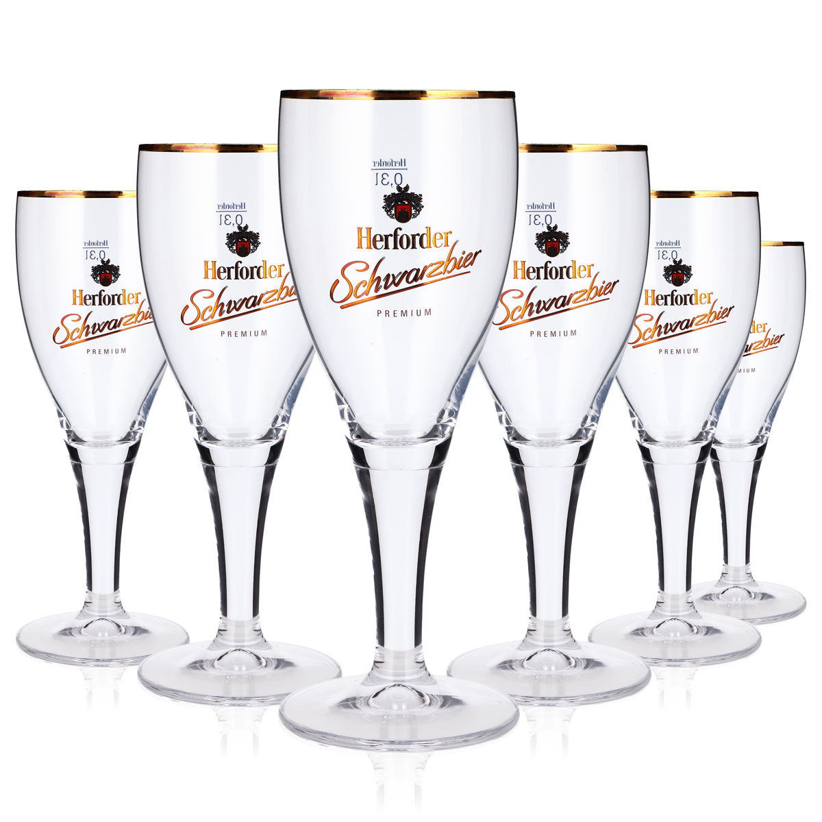 Lot de 6 verres à bière de la brasserie Herforder, 0,3 l, forme calice, bord doré, verre à bière brune
