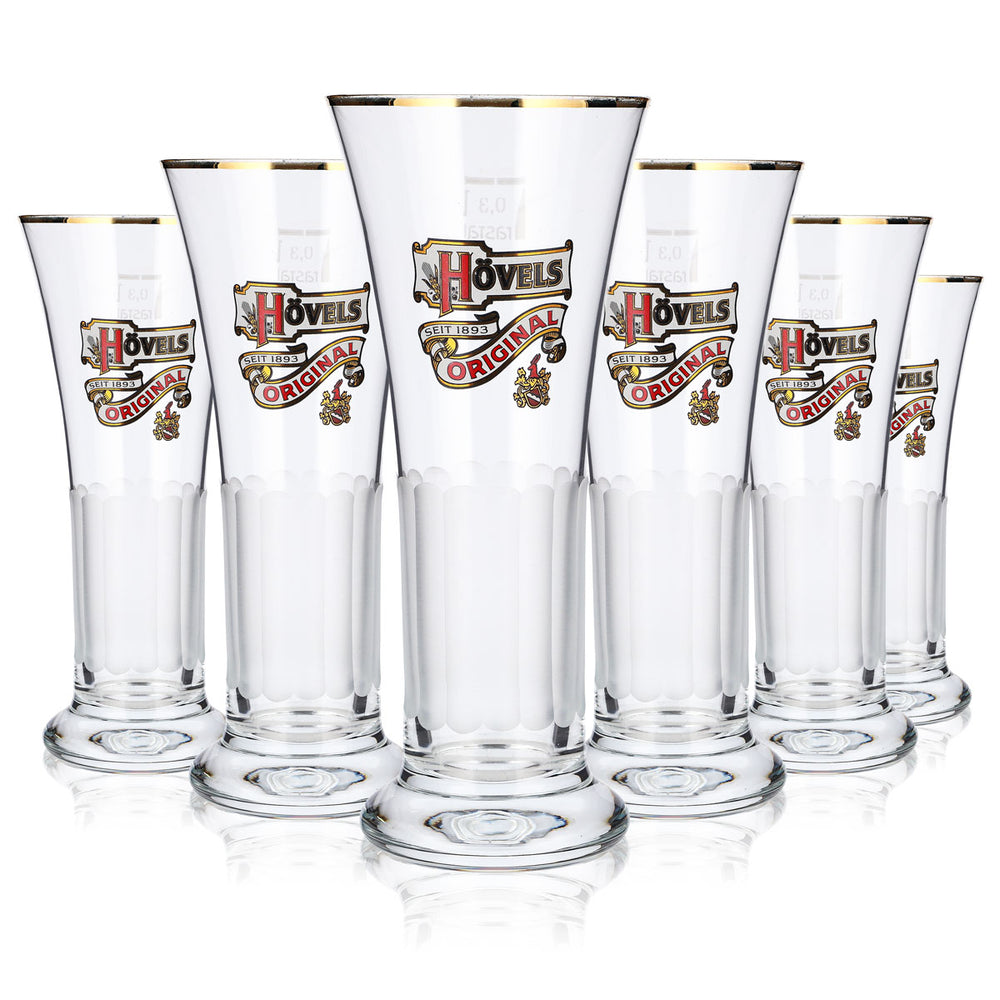 Lot de 6 verres à bière Hövels, 0,3 l, forme coupe, bord doré, relief, finition givrée