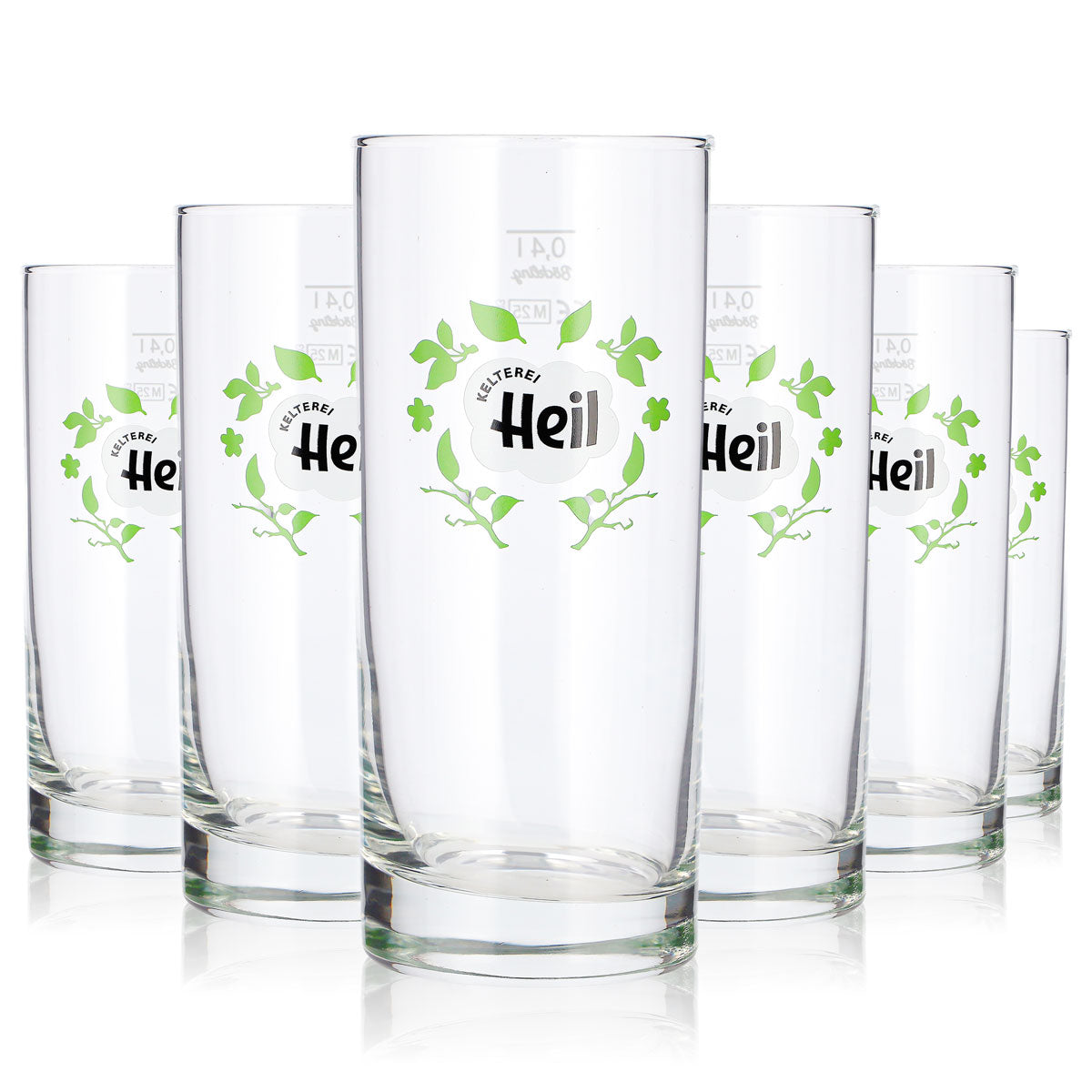 6 verres à cidre « Kelterei Heil » 0,4 l, format long drink, logo vert « plantes » (lot de 6)