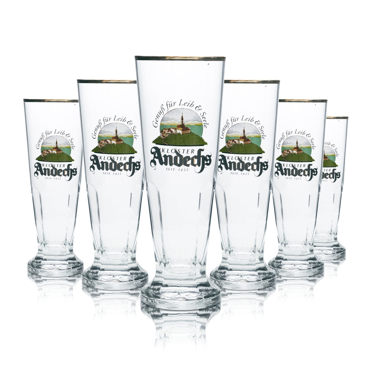 6 verres à bière Andechs Kloster 0,3 l, forme tulipe, bord doré, verres gastronomiques Brau