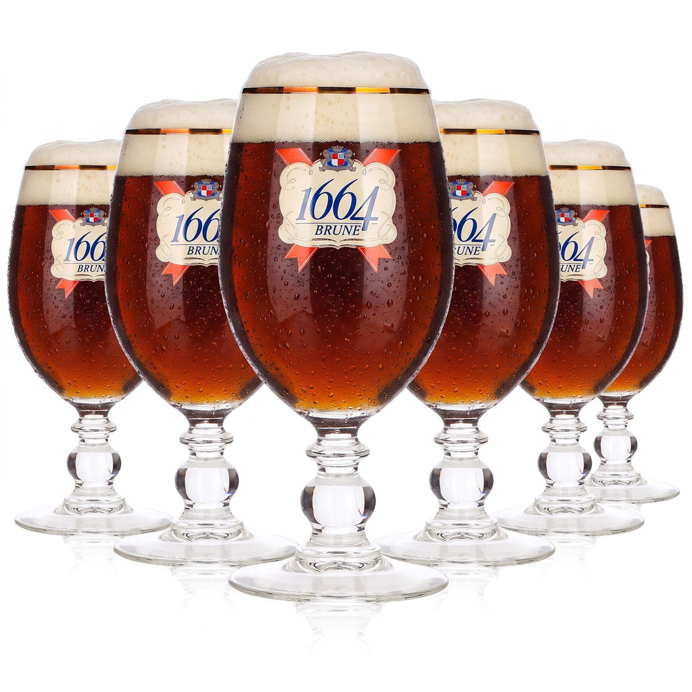 Lot de 6 verres à bière Kronenbourg 1664 de 0,25 l, forme coupe ou verre à pied, bord doré