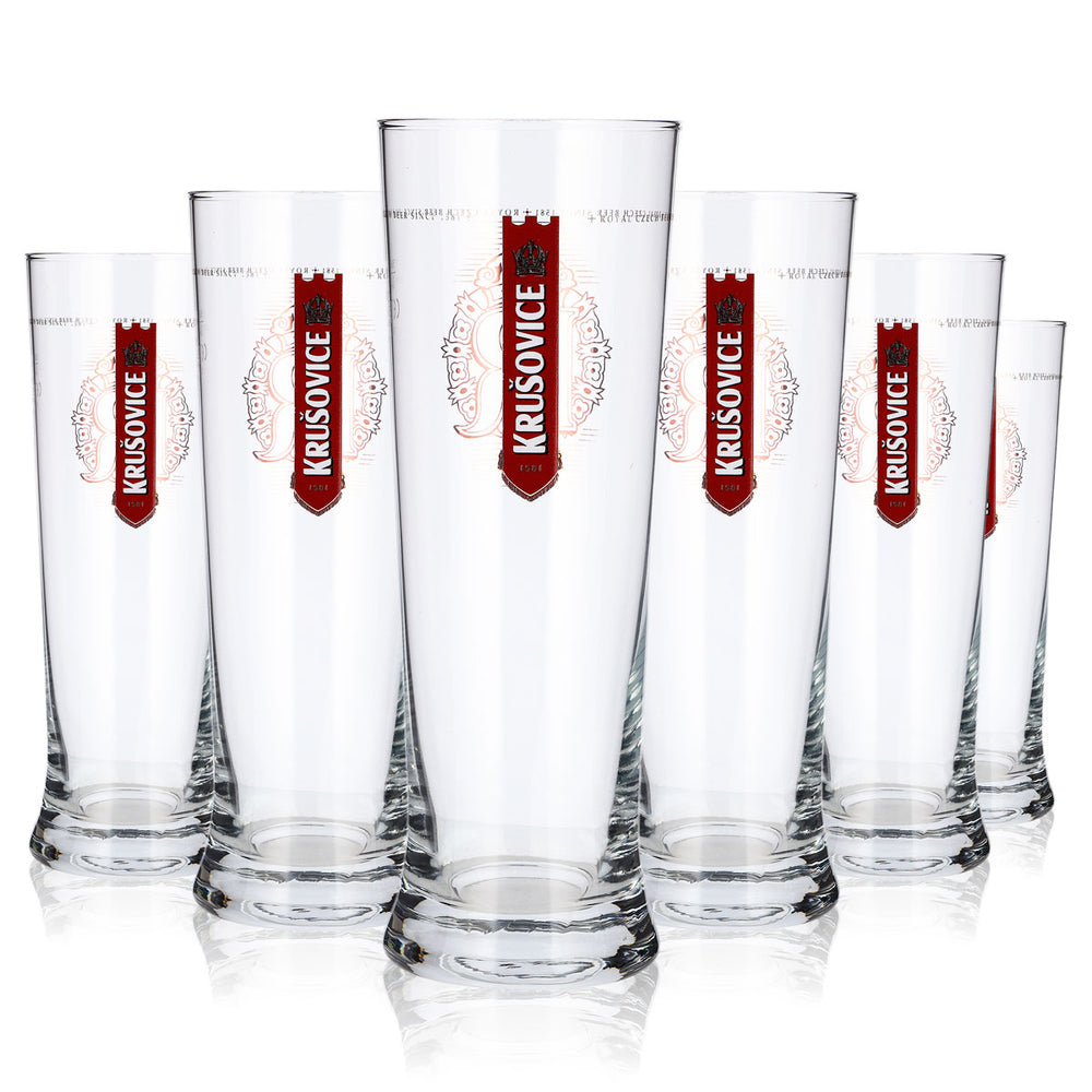 Lot de 6 verres à bière Krusovice de 0,4 l, en forme de coupe, avec deux logos rouges « Sahm »