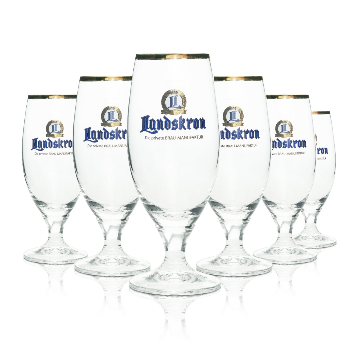 6 verres à bière Landskron 0,25 l avec logo bleu et doré et bord doré