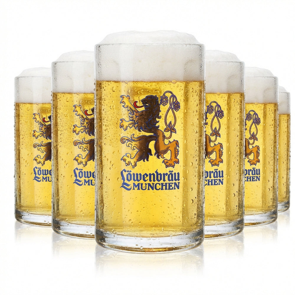 6 verres à bière Löwenbräu 0,5 l, chope avec grand logo lion doré et Moldau