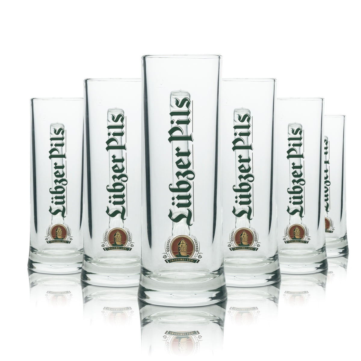 6 chopes à bière Lübzer Pils 0,4 l avec anse, verres Seidel, brasserie Lübz