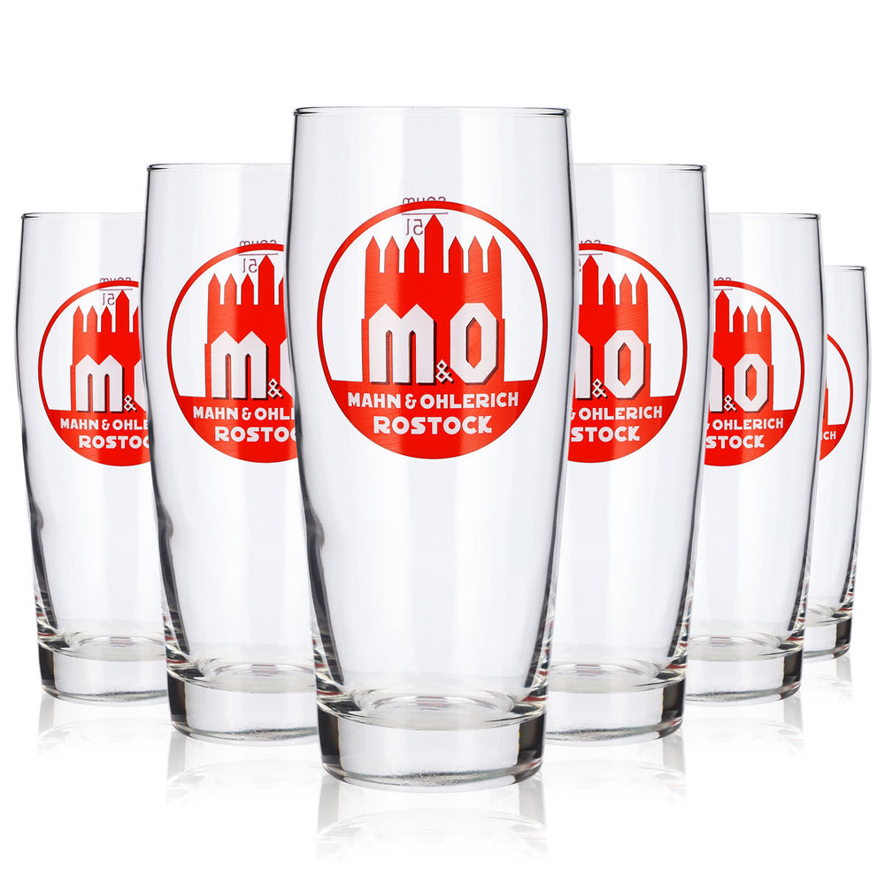 Lot de 6 verres à bière Mahn & Ohlerich, 0,5 l, avec logo rouge « sahm Rostock »