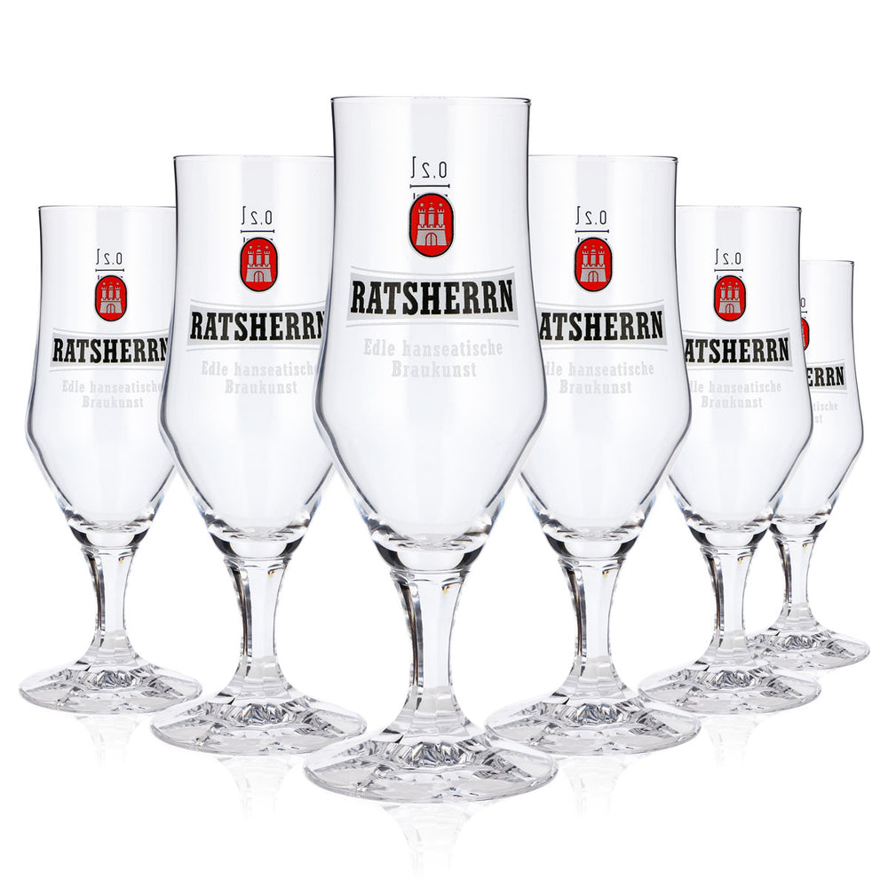 6 verres à bière « Ratsherrn » de 0,2 l, forme coupe, pied carré, logo Rastal blanc (lot de 6)