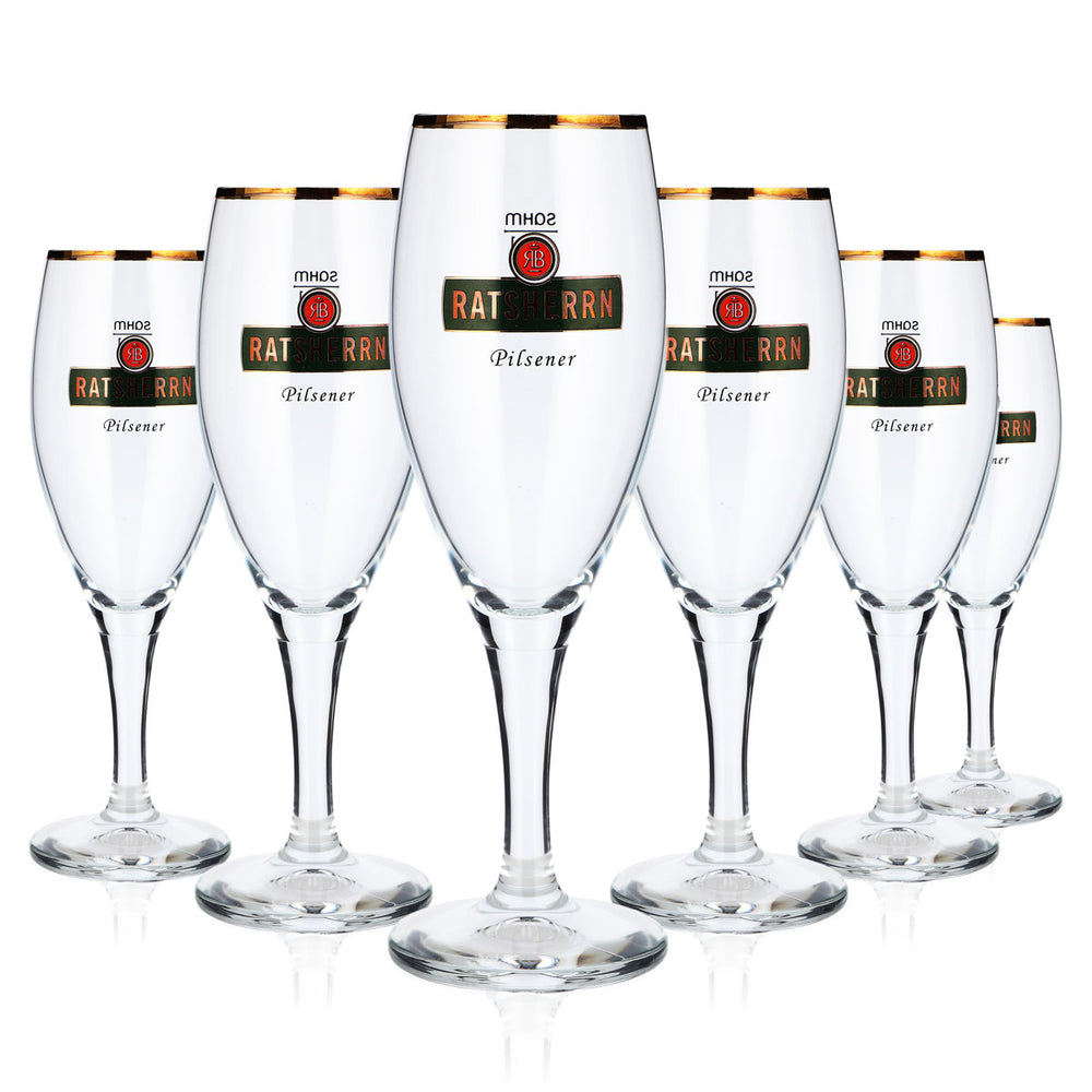 Lot de 6 verres à bière « Ratsherrn » de 0,2 l, forme coupe, style Pilsener, logo vert et bord doré (lot de 6)