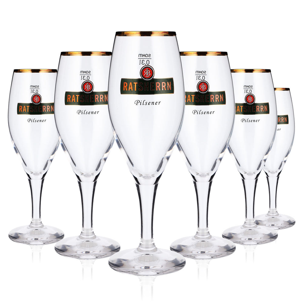 Lot de 6 verres à bière « Ratsherrn » de 0,3 l, forme coupe, logo vert, bord doré « Pilsener » (lot de 6)