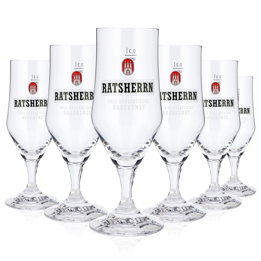 6 verres à bière « Ratsherrn » de 0,3 l, forme coupe, logo blanc, verre à bière Rastal, format pinte (lot de 6)
