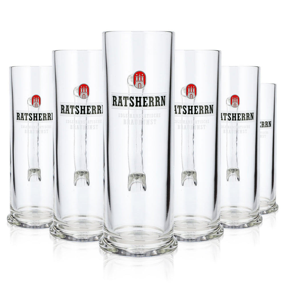 6 verres à bière « Ratsherrn » et chope de bière 0,5 l « Rastal » avec logo blanc « Hanseatische » (lot de 6)