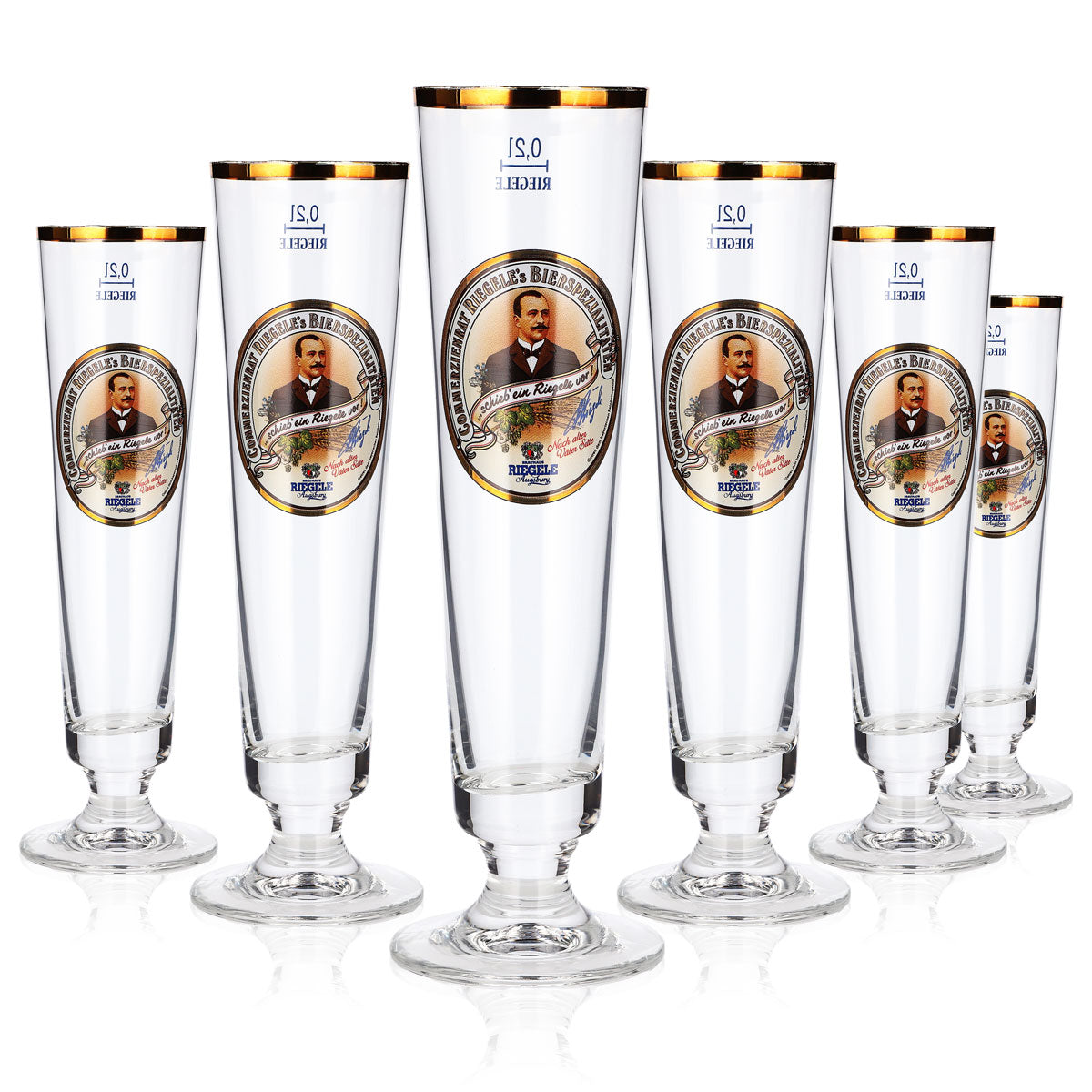 6 verres à bière Riegele de 0,2 l, forme coupe, avec portrait sur le logo rc