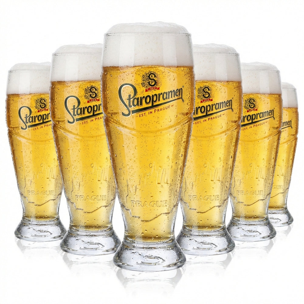 6 verres à bière Staropramen en relief, verre à pied 0,3 l, tumblers Prague Skyline