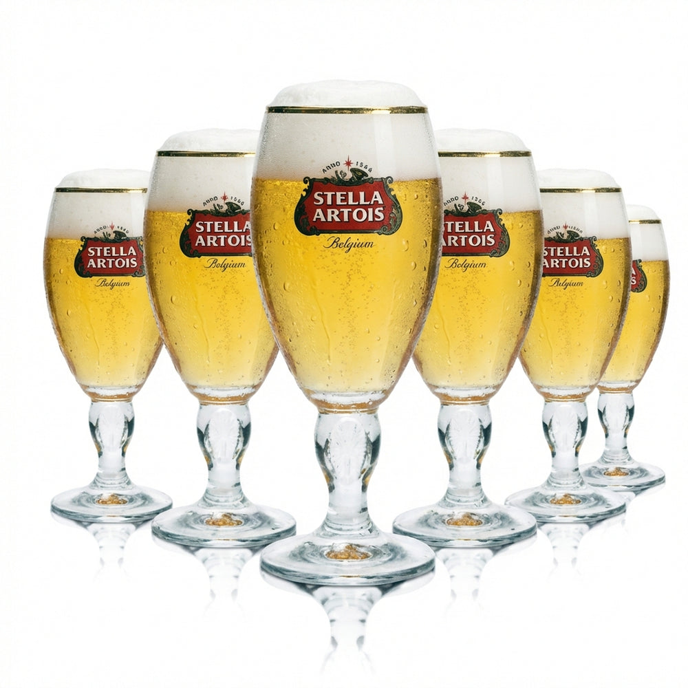 6 verres à bière Stella Artois 0,25 l, forme tulipe, bord doré, pied design, verres de bar