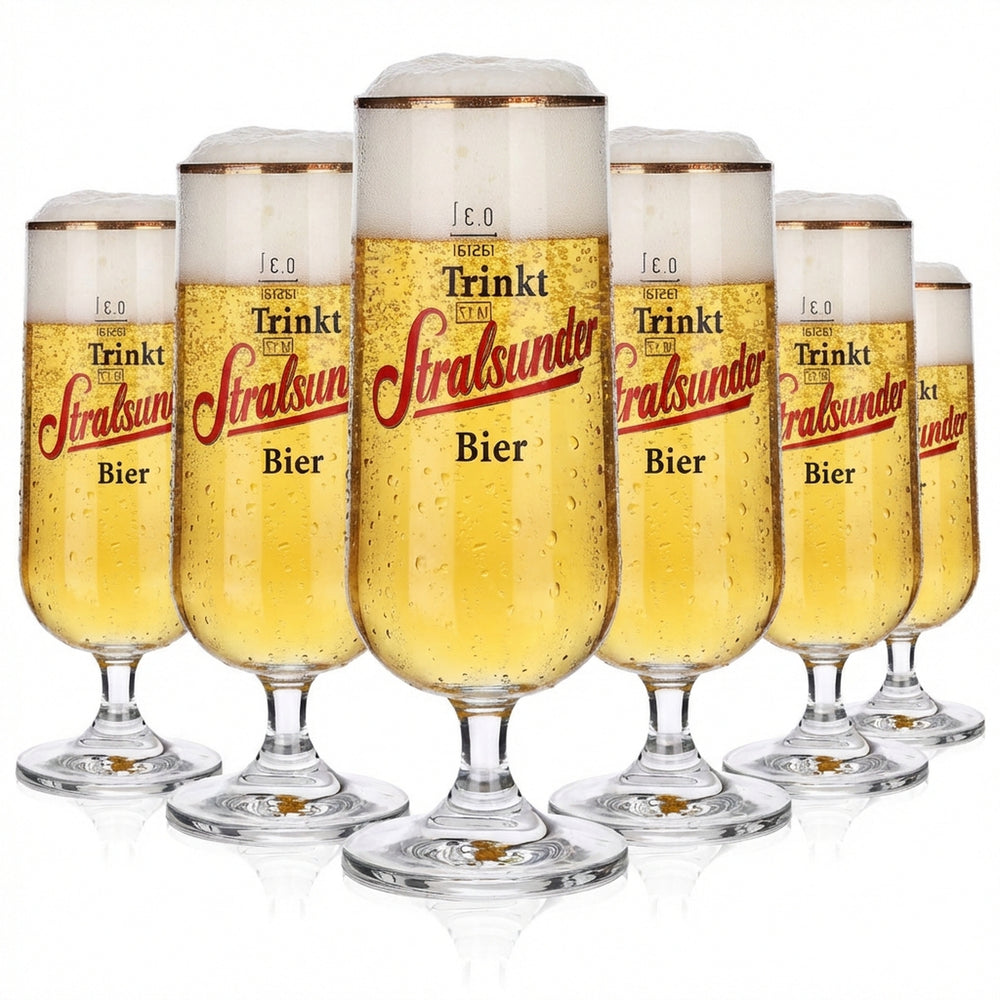 6 verres à bière Stralsunder Glas 0,3 l avec bord doré, forme pilstulpe, brasserie Hanse