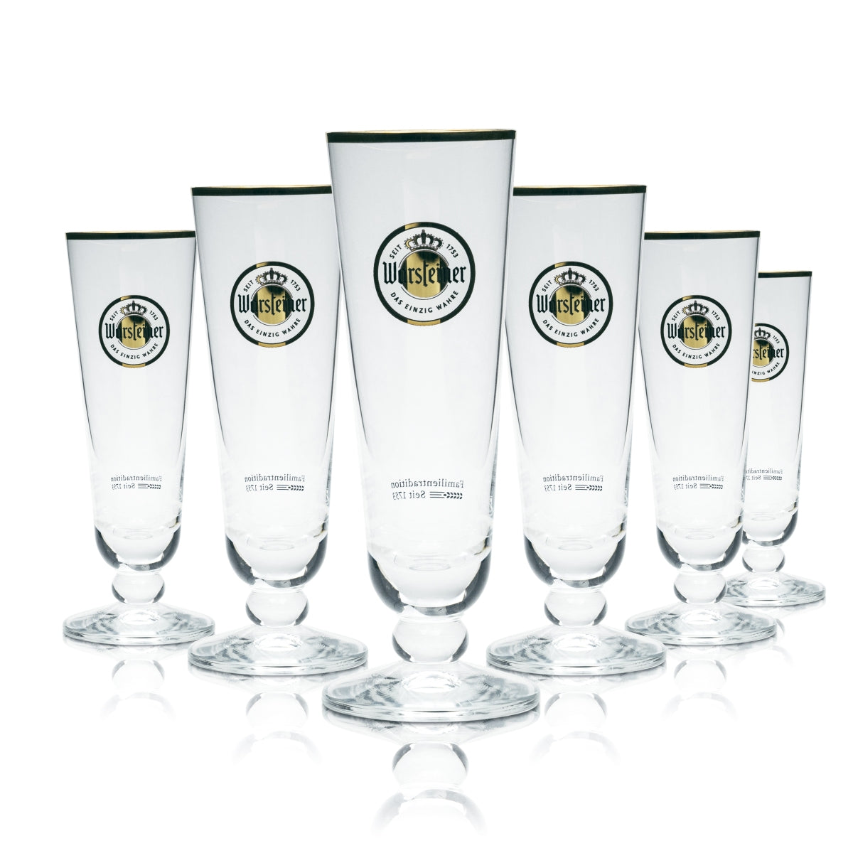 6 verres à bière Warsteiner 0,1 l, bord doré, forme tulipe, flûte, pied, brasserie