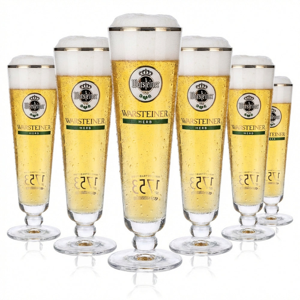 6 verres à bière Warsteiner 0,2 l, forme coupe, logo blanc « Herb », bord argenté