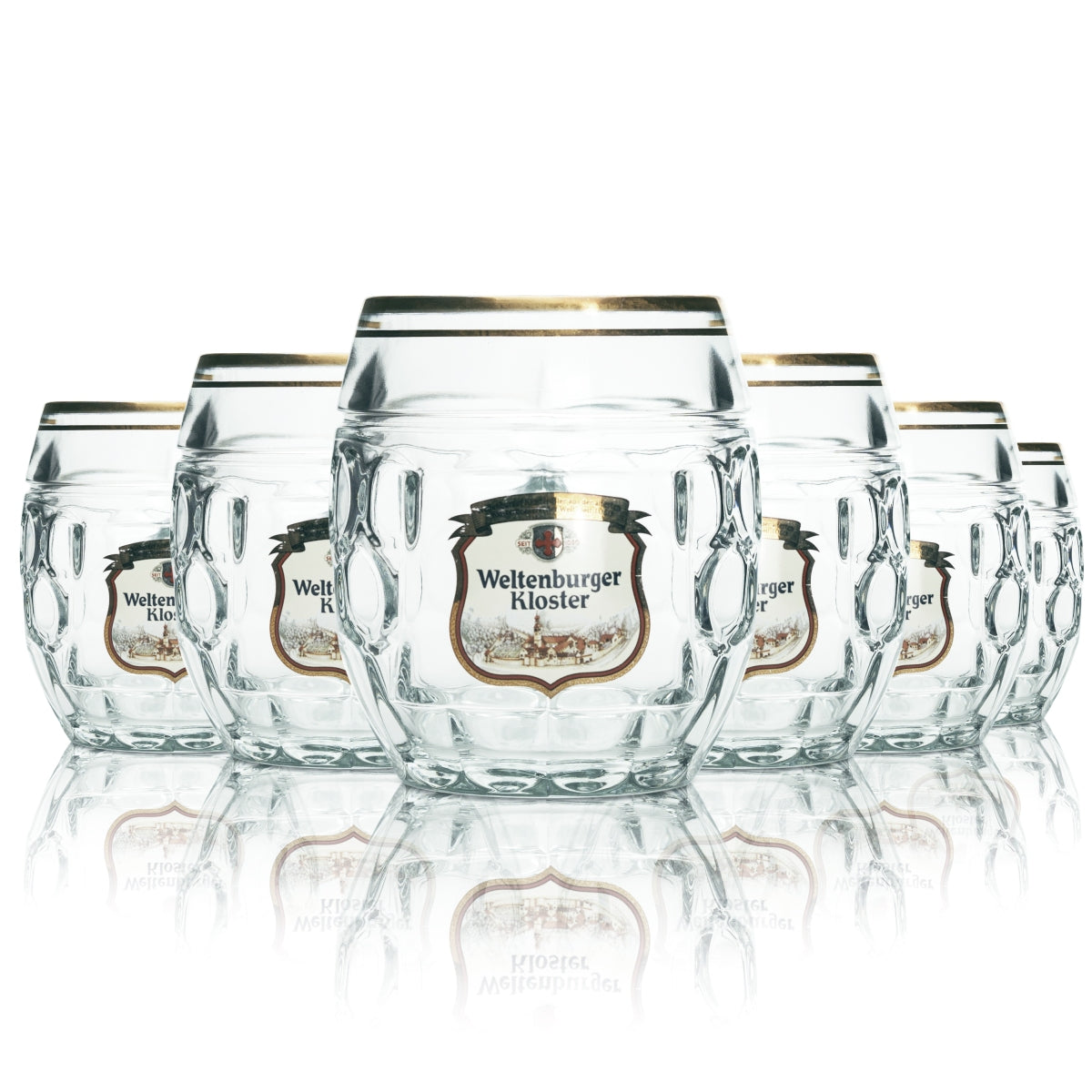 6 verres à bière Weltenburger Kloster 0,3 l, chope à anse, bord doré, chêne