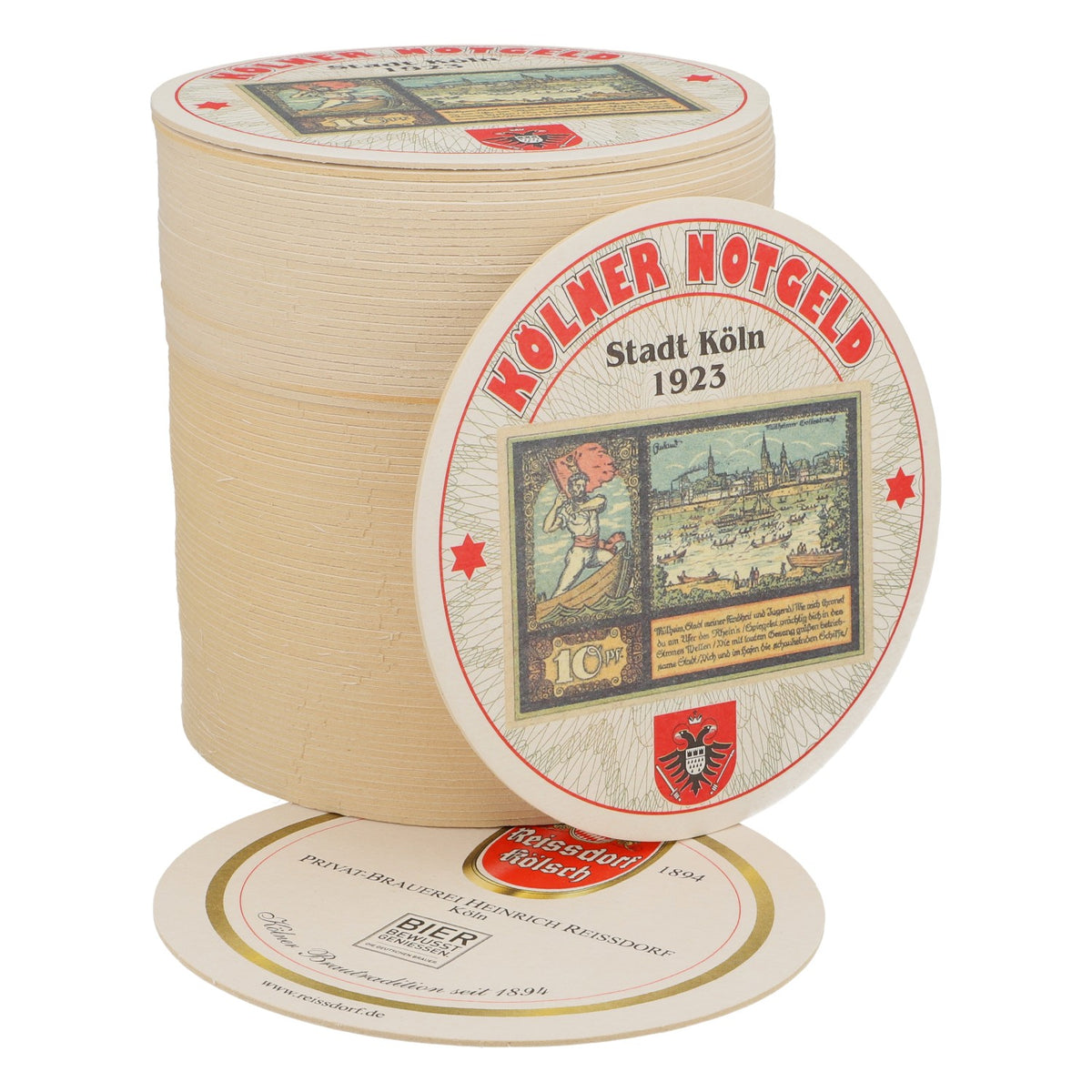 80x sous-verres Reissdorf « Kölner Notgeld » (monnaie de nécessité de Cologne) 10 pfennigs
