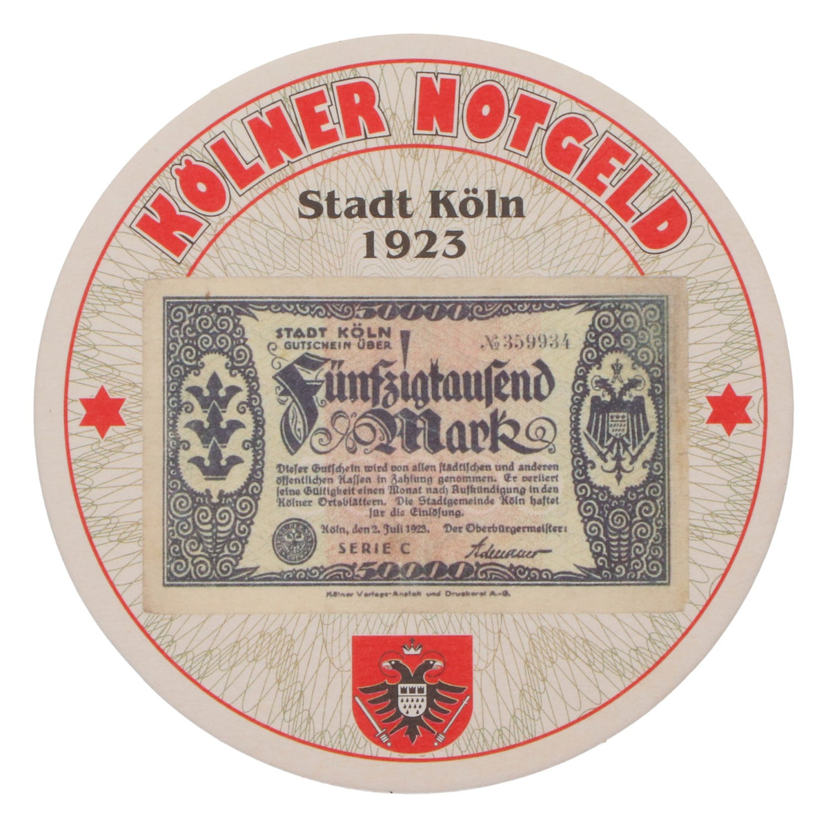 80x sous-verres Reissdorf « Kölner Notgeld » (monnaie de nécessité de Cologne) Cinquante mille marks – Vue 3