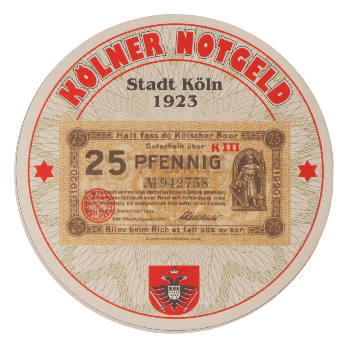 80x sous-verres Reissdorf « Kölner Notgeld » 25 pfennigs – Vue 3